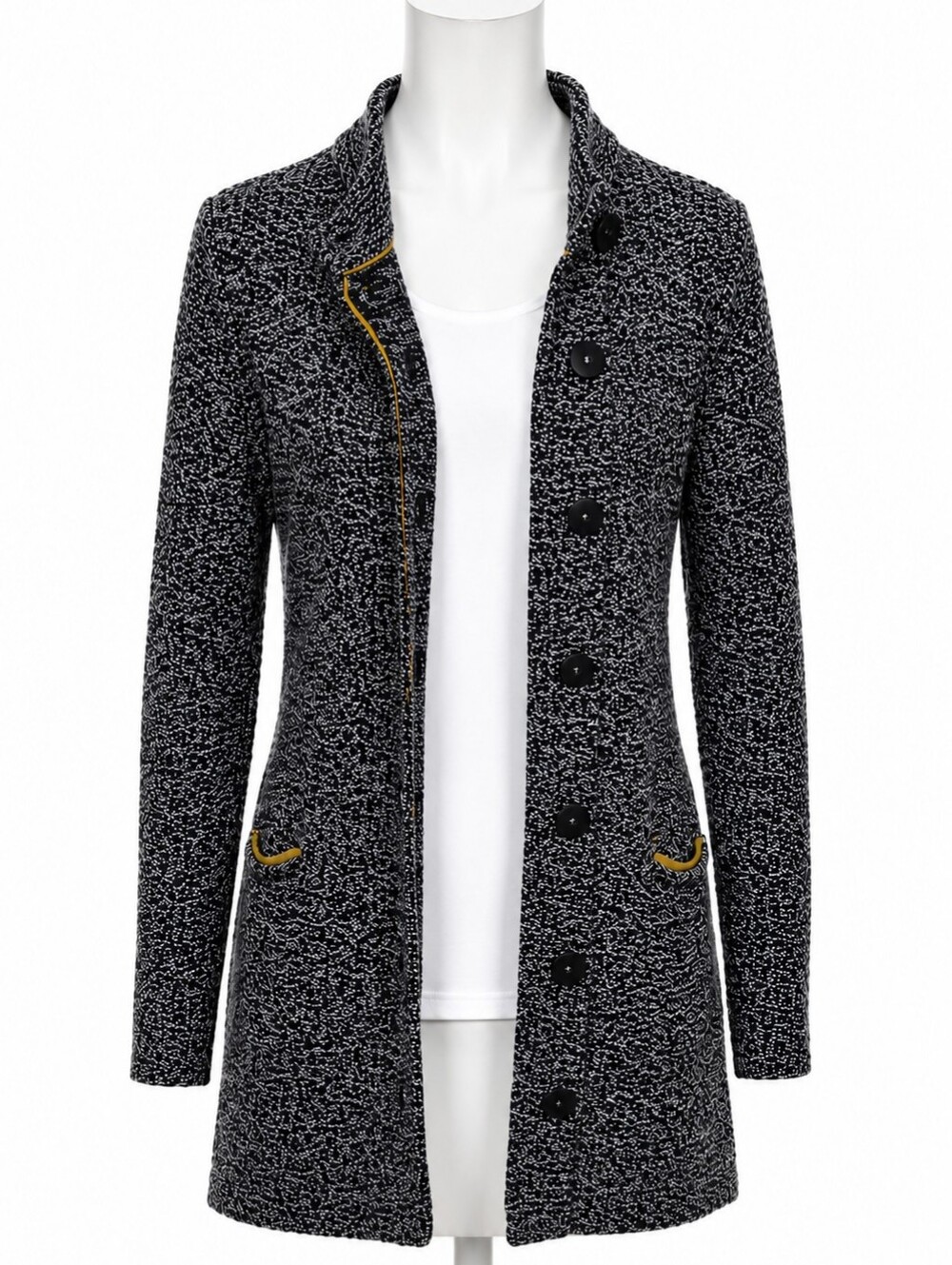 Boden Knit Wool Cardigan Sweater Navy White Yellow trim Button Front  Size 2